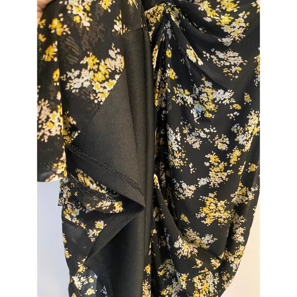 AFRM Tezza Black & Yellow Floral Ruched Mesh Midi Long Sleeves Dress Womens XS - Picture 7 of 11